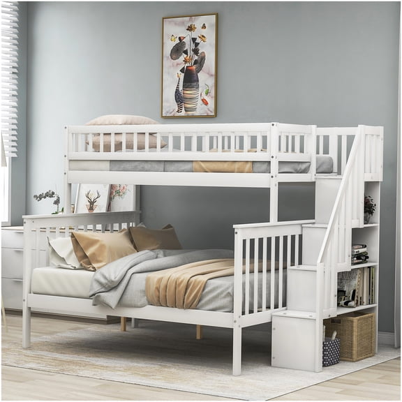 CHAMPFLAG Space-Saving Bunk Bed with Stairs, Drawers & Shelves, White Finish, 2-in-1 Convertible