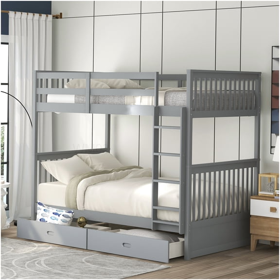 CHAMPFLAG Space-Saving Bunk Bed with Storage, Solid Wood Frame, Converts to Two Twin Beds, Gray