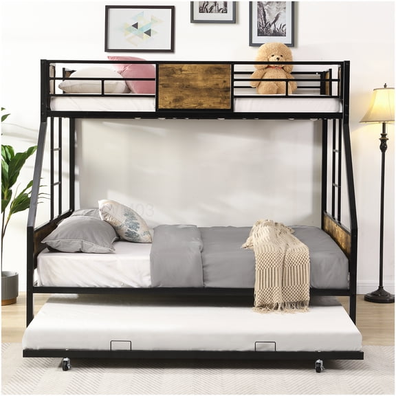 CHAMPFLAG Space Saving Bunk Bed with Trundle and Storage, Twin over Full Metal Frame Bed with Stairs