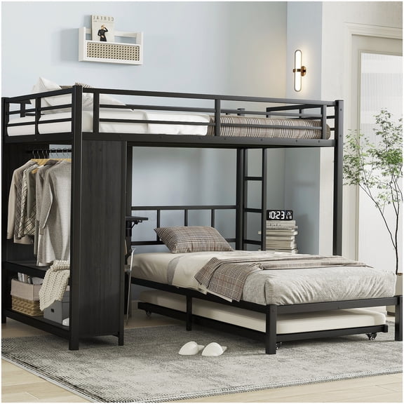 CHAMPFLAG Space Saving Full over Twin Bunk Bed with Closet, Desk and Trundle, Black Metal Frame Loft Bed