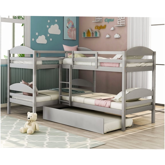 CHAMPFLAG Space Saving L-Shaped Bunk Bed with Trundle, Solid Wood Triple Sleeper Loft Bed Frame in Gray