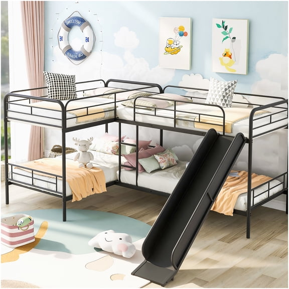 CHAMPFLAG Space Saving L-Shaped Metal Bunk Bed with Slide, Twin Size 4-Bed Capacity, Black Frame