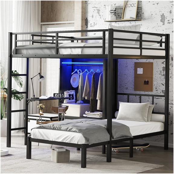 CHAMPFLAG Space-Saving Loft Bed with Desk and Closet, Full XL over Twin Metal Bunk Bed with LED Lights & Noise Reduction