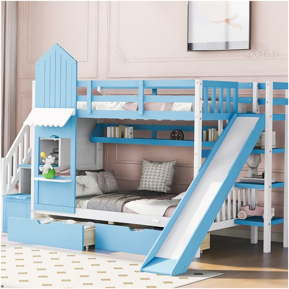 CHAMPFLAG Space Saving Twin Bunk Bed with Slide, Castle Playhouse Loft Bed with Drawers and Shelves, Solid Wood Frame in Blue