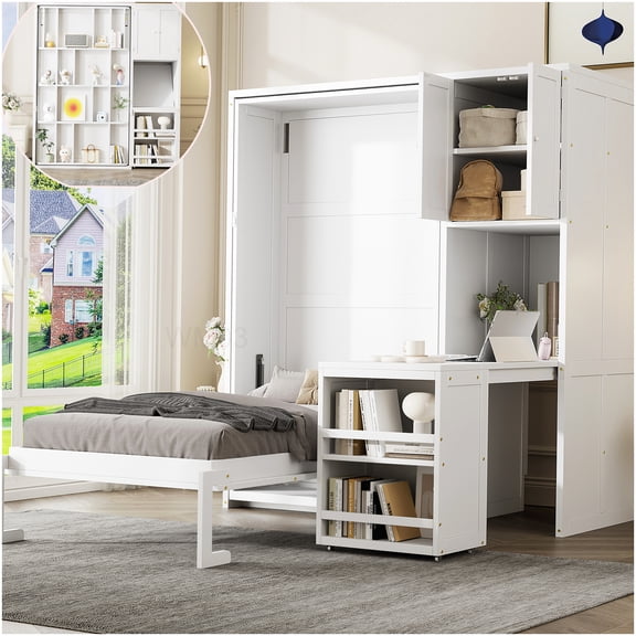 CHAMPFLAG Space Saving Twin Murphy Bed with 180 Rotation, Built-In Desk, Bookshelves & Storage for Small Rooms