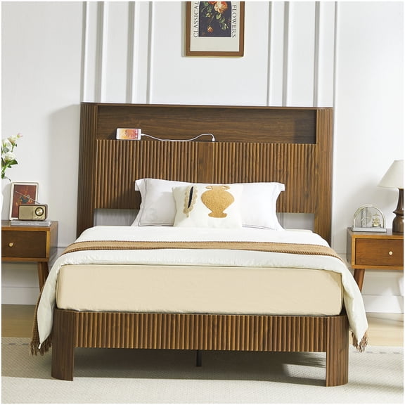 CHAMPFLAG Storage Bed Frame with Charging Station, Full XL Size, Wave Headboard, Noise Free, Walnut Finish