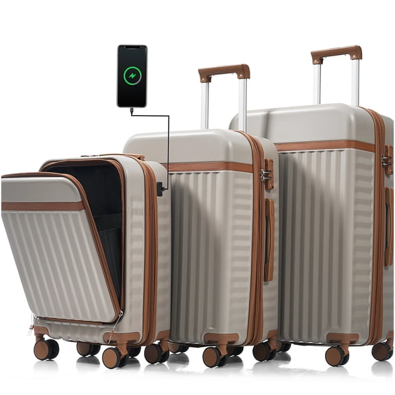 CHAMPFLAG Travel Luggage Set 3-Piece, ABS Hardshell with Spinner Wheels, Front Opening &; USB Port on 20" Carry-On, Khaki