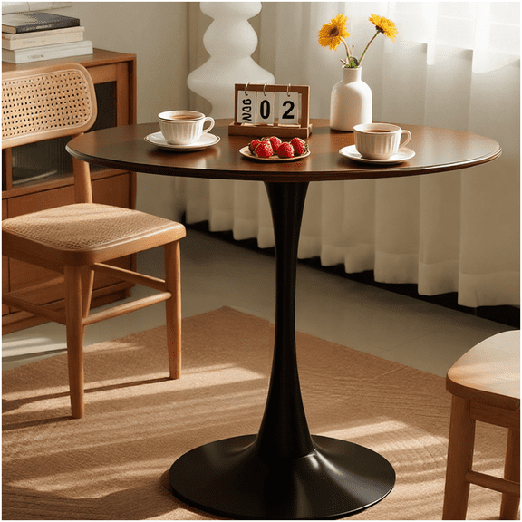 CHAMPFLAG Tulip Base Round Dining Table, 24 Inch Walnut Wood Top, Metal Pedestal, Waterproof Fabric, Modern Minimalist Table for Kitchen, Office, Living Room