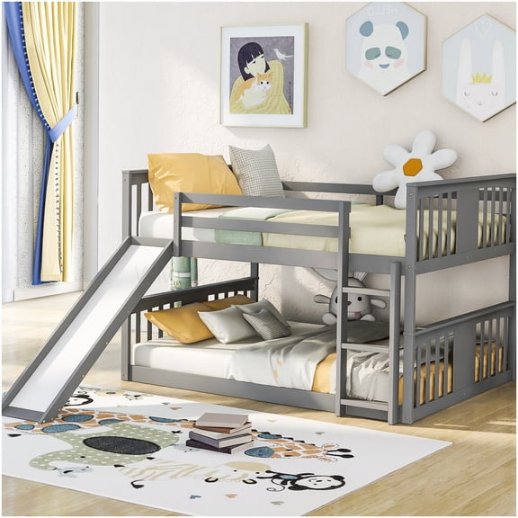 CHAMPFLAG Twin Bunk Bed with Slide, Full over Full Solid Wood Frame, Built-in Ladder and Safety Rails, No Box Spring Needed