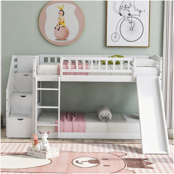 CHAMPFLAG Twin Bunk Bed with Slide, Stairs and Drawers, Solid Wood Frame, Convertible Ladder, No Box Spring Needed Loft Bed