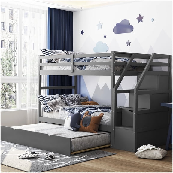 CHAMPFLAG Twin Bunk Bed with Trundle and Storage Stairs, Solid Wood Frame, No Box Spring Required