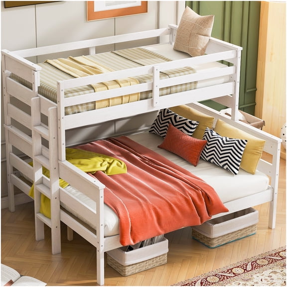 CHAMPFLAG Twin Over Queen Reversible Solid Wood Bunk Bed, Convertible Platform Frame with Guardrails & Ladder