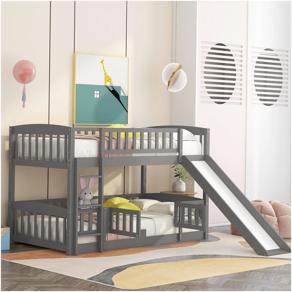 CHAMPFLAG Twin Over Twin Bunk Bed with Slide, Low Profile Design Featuring Safety Fence and Ladder, Gray