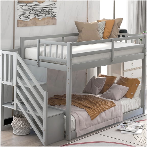 CHAMPFLAG Twin Over Twin Bunk Bed with Stairs and Storage Drawers, Space Saving Solid Wood Loft Bed