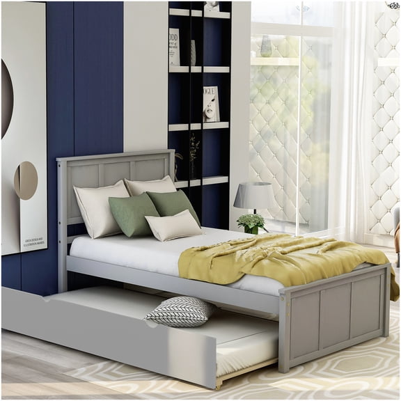 CHAMPFLAG Twin Platform Bed with Trundle, Solid Wood & MDF Frame, Compact Design for Apartments & Guest Rooms