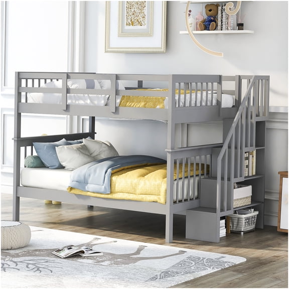 CHAMPFLAG Twin Size Bunk Bed with Stairs, Full Over Full Bunk Bed Frame with Storage Drawers and Guard Rails, Space Efficient for Bedroom, Dorm Room