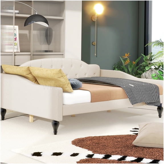 CHAMPFLAG Twin Size Daybed Sofa with Upholstered Wingback, Button Tufted Accents, and Beige Linen Fabric, Space-Saving Solution for Office or Den