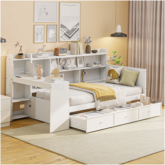 CHAMPFLAG Twin Size Daybed with Desk and USB Ports, 3-Drawer Storage Bed Frame for Small Spaces