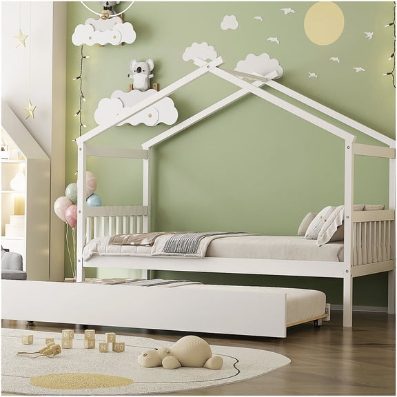 CHAMPFLAG Twin Size House Platform Bed with Trundle, Solid Wood Frame with Storage, White Daybed No Box Spring