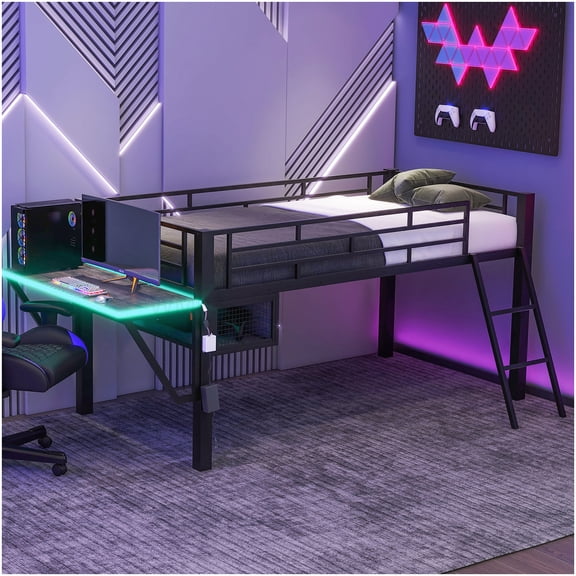 CHAMPFLAG Twin Size Loft Bed with Built-in LED Gaming Desk and Storage, Black Metal Study Station