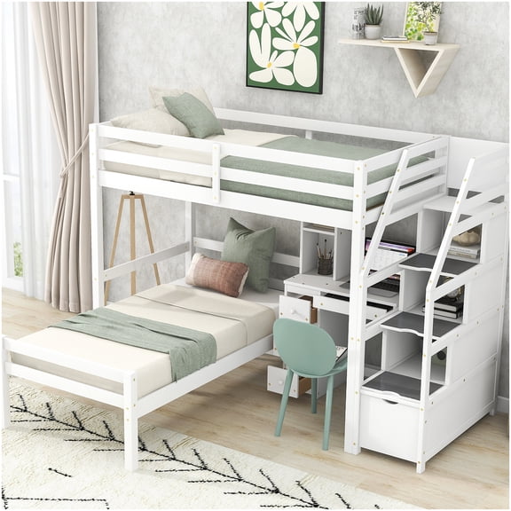 CHAMPFLAG Twin Size Loft Bed with Stairs, Built-In Desk and Storage Drawers, Convertible Bunk Frame
