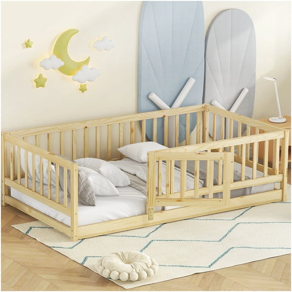 CHAMPFLAG Twin Size Low Profile Floor Bed Frame with Safety Fence, Wood Slat Support, Natural Oak, Easy Assembly