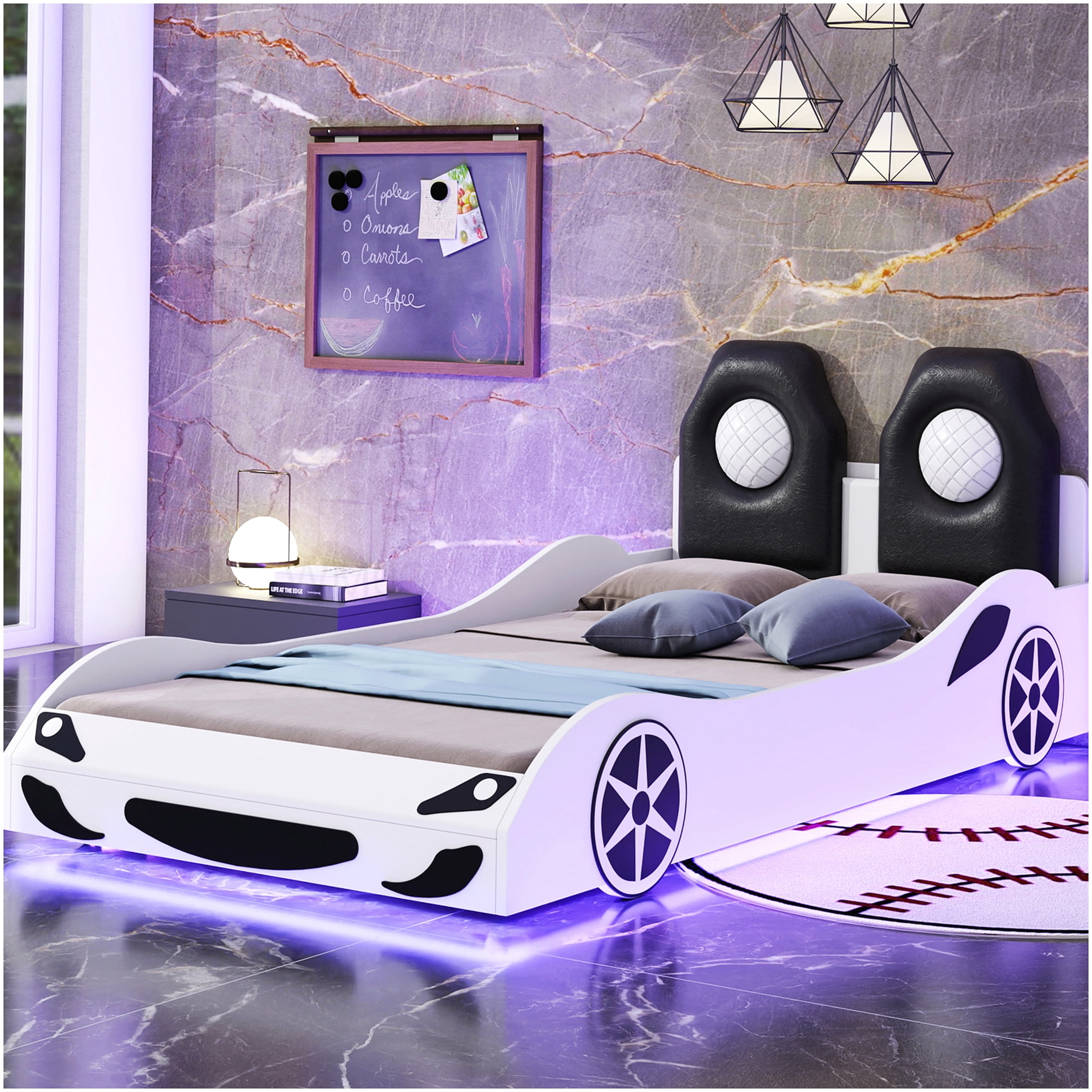 CHAMPFLAG Twin Size Low Profile Race Car Bed with LED Lights & Upholstered Headboard