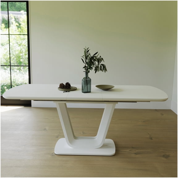 CHAMPFLAG U-Shaped Leg Expandable Dining Table, Antique Grey White MDF Top, Modern Farmhouse Kitchen Table for 6-8 People, Easy Assembly