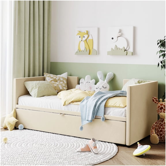 CHAMPFLAG Velvet Upholstered Daybed with Trundle, Twin to King Size Convertible Sleeper Sofa, Beige