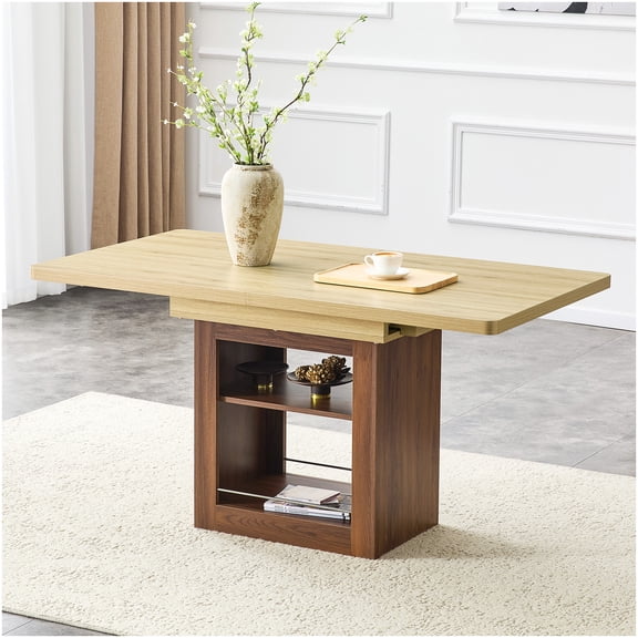 CHAMPFLAG Walnut Expandable Kitchen Table with Storage, Extendable Dining Table for 4-8 Seats, Solid MDF and Metal Frame