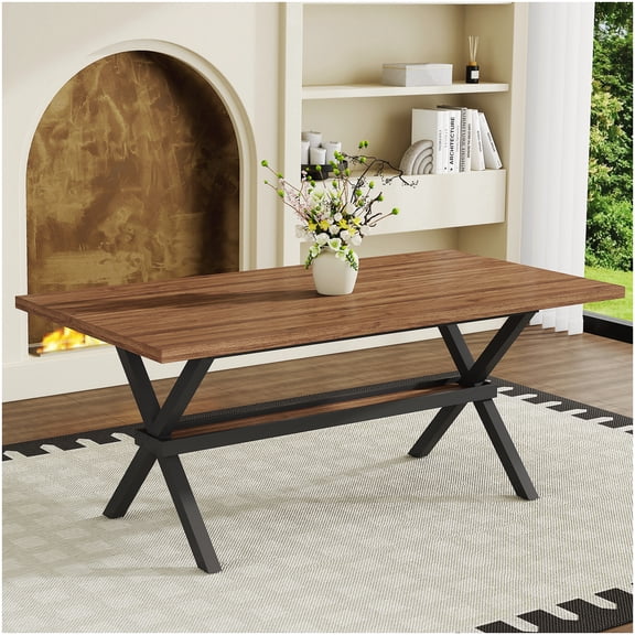 CHAMPFLAG Walnut Finish Dining Table with Black X-Legs, Large Farmhouse Table for Kitchen, Seats 8, Industrial Style Home Furniture