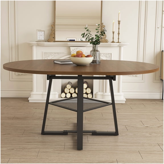 CHAMPFLAG Walnut Finish Round Dining Table with Metal Frame & Storage, Expandable to Seat 8, Multi-Functional Furniture for Kitchen and Living Room