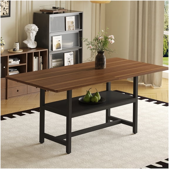 CHAMPFLAG Walnut Textured Dining Table with Metal Legs and Bottom Storage, 71 Inch Farmhouse Kitchen Table, Sturdy MDF Top for Family Gatherings