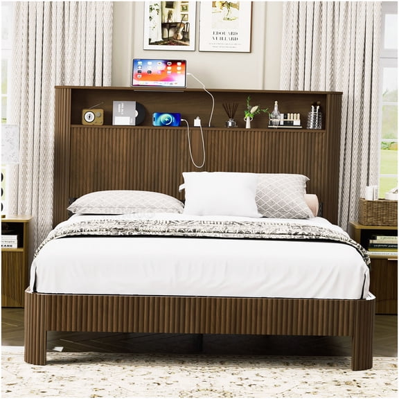 CHAMPFLAG Wave Design Queen Platform Bed with Charging Station, Storage Headboard, Noise Free Metal Frame, Walnut Finish