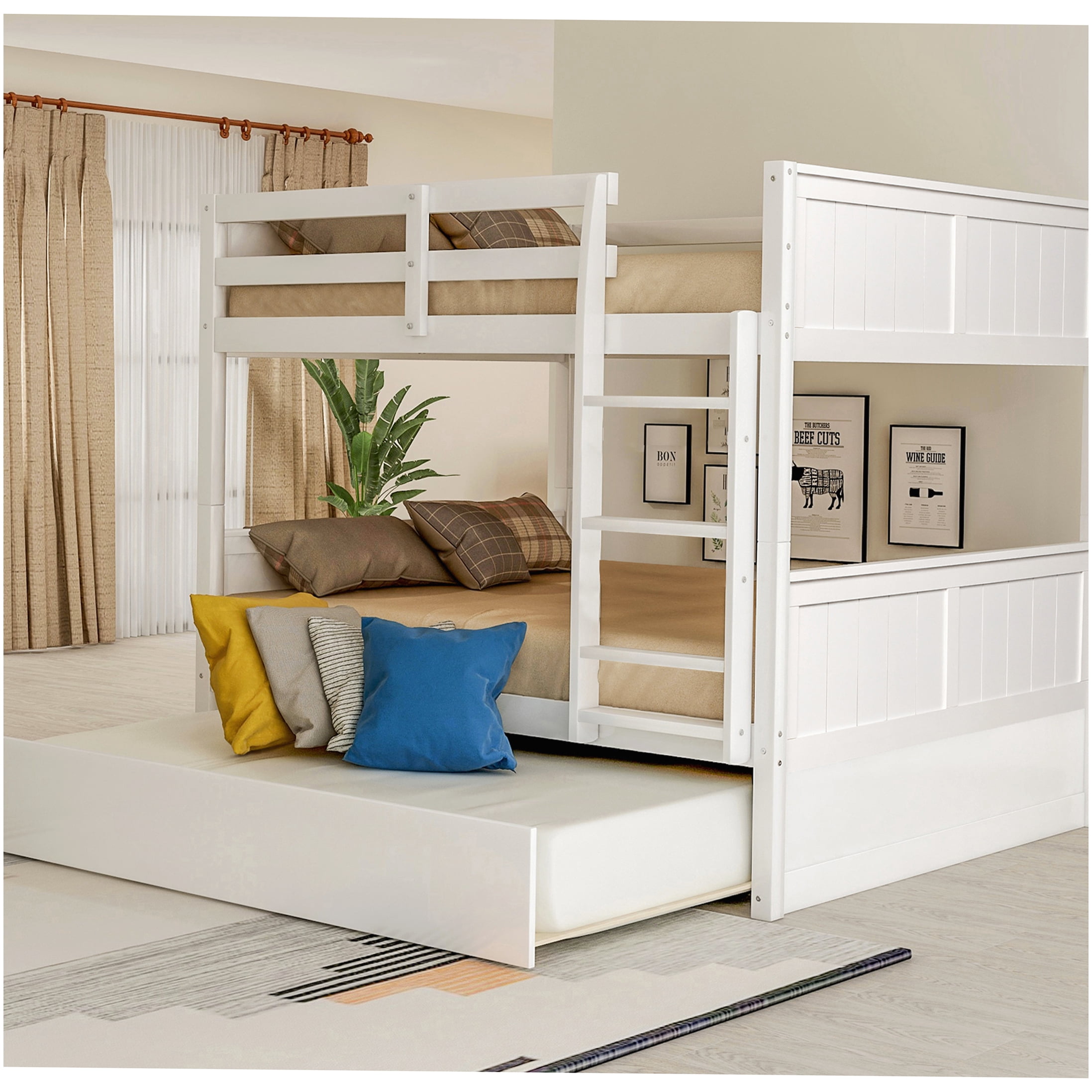 CHAMPFLAG White Full Size Bunk Bed with Pull Out Trundle, Solid Wood ...