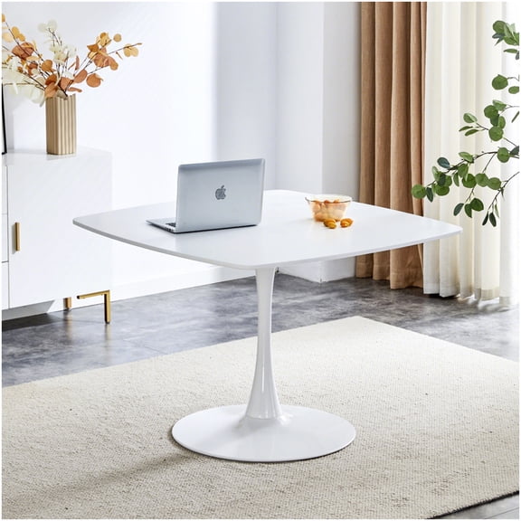 CHAMPFLAG White Modern Pedestal Table, 42 Inch Round MDF Top for Dining and Living Room, Sturdy Metal Base, Easy Assembly Multi-Purpose Table