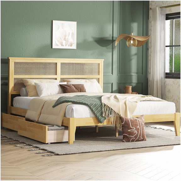 CHAMPFLAG White Oak King Bed Frame with Storage, Rattan Headboard Platform Bed