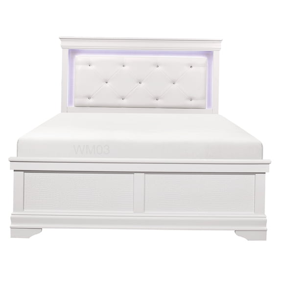 CHAMPFLAG White Queen Size Bed Frame with LED Light Headboard, Button Tufted Faux Leather Upholstery, Alligator Texture Panels