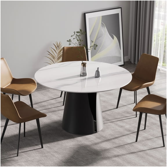 CHAMPFLAG White Round Kitchen Table with Sintered Stone Top, 6-Seater Dining Table with Iron Base, Modern Easy to Clean Dining Room Table