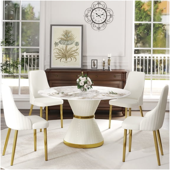 CHAMPFLAG White Round Pedestal Dining Table - 53 Inch Sintered Stone Top, Seats 6