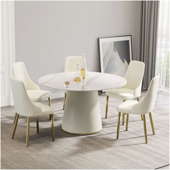 CHAMPFLAG White Round Sintered Stone Dining Table, 53 Inch Modern Kitchen Table with Pedestal Leg