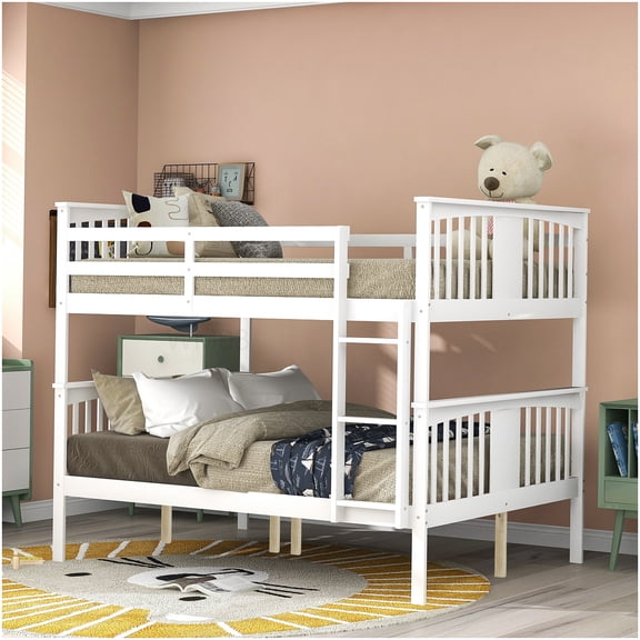 CHAMPFLAG White Solid Wood Double Bunk Bed Frame, Full Size Bunk Bed with Ladder for Adults, Space Efficient Bunkbed for Guest Room, No Box Spring Necessary
