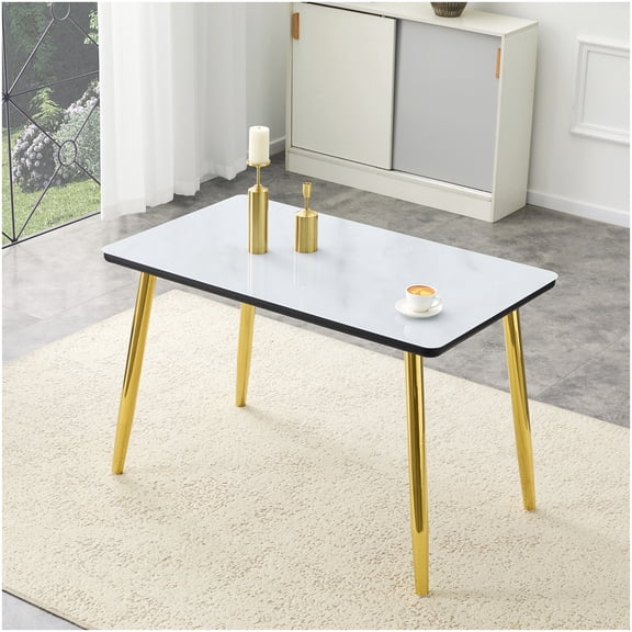 CHAMPFLAG White and Gold Dining Table, Rectangular Tempered Glass Tabletop with Marble Texture, Modern 4-6 Seater