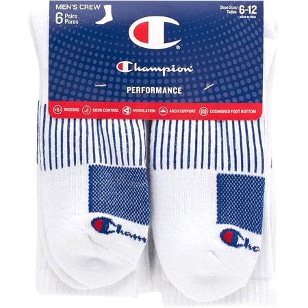 CHAMPION SOCKS MEN'S - CREW 253 - SOLID WHITE - (12-14) PACK 6 XX