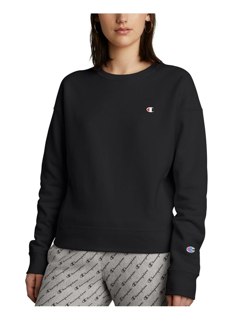 CHAMPION Womens Black Ribbed Crew Neck Rib Side Panels