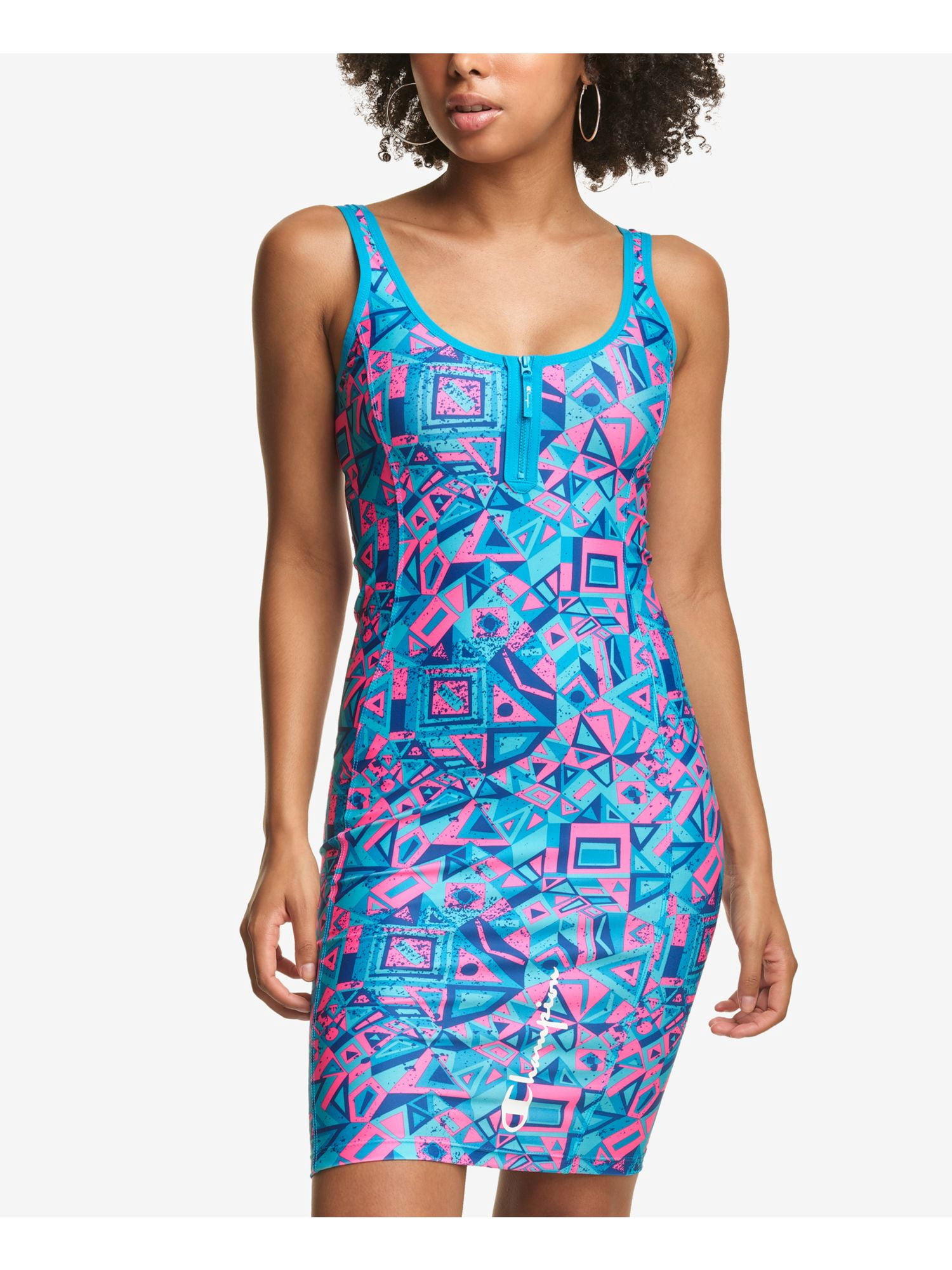 champion bodycon dress CHAMPION Womens Blue Stretch Zippered Princess Seams Deep Scoop Back  Printed Sleeveless Scoop Neck Above The Knee Body Con Dress XS