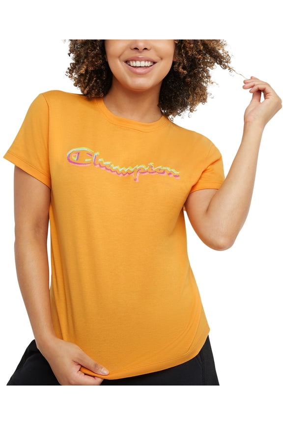 Womens Orange Ribbed Pullover Logo Graphic Short Sleeve Crew Neck T-Shirt S