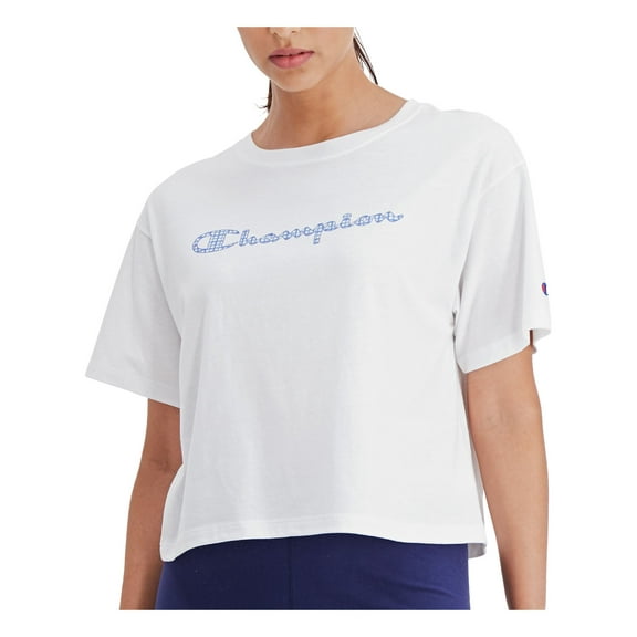 CHAMPION Womens White Ribbed Loose Fit Logo Graphic Short Sleeve Crew Neck Crop Top L