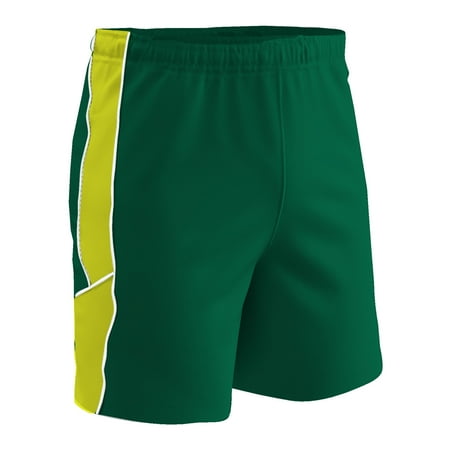 CHAMPRO Header Soccer Shorts, Youth X-Small, Forest Green, Optic Yellow Inserts, White Trim