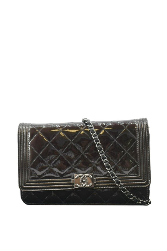 Pre-Owned CHANEL Boy WOC Quilted Patent Leather Wallet On Chain Shoulder Bag Black